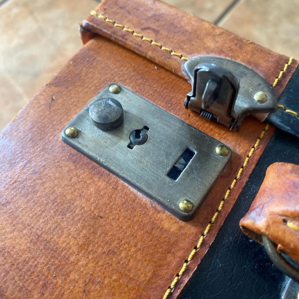 Vintage 1990s Brown and Black Leather Mini Suitcase - Picture 3 of 6
